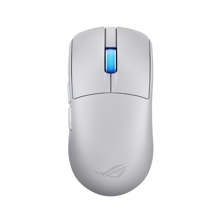 Souris gaming ROG Harpe II Ace blanche avec molette RGB bleue, design ambidextre et logo ROG au bas de la coque.